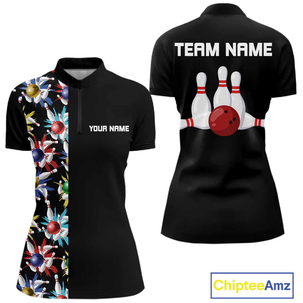 Colorful Bowling Polo 1/4-Zip Shirt Women Custom Red Bowling Ball And Pins Jersey Bowling Shirt NYN4596