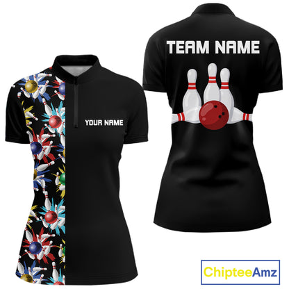 Colorful Bowling Polo 1/4-Zip Shirt Women Custom Red Bowling Ball And Pins Jersey Bowling Shirt NYN4596