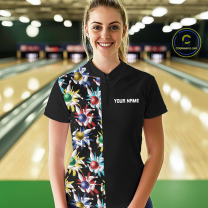 Colorful Bowling Polo 1/4-Zip Shirt Women Custom Red Bowling Ball And Pins Jersey Bowling Shirt NYN4596