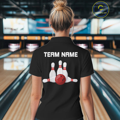 Colorful Bowling Polo 1/4-Zip Shirt Women Custom Red Bowling Ball And Pins Jersey Bowling Shirt NYN4596