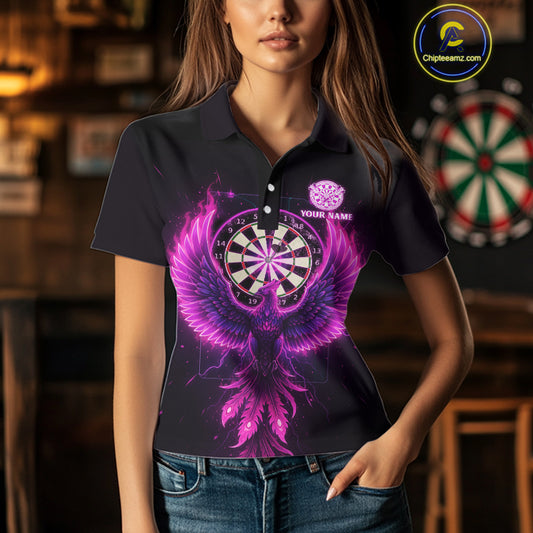 Custom Funny Flame Phoenix Pink Dartboard Dart Women Polo Jerseys Outfits Dart Shirts NYN1743