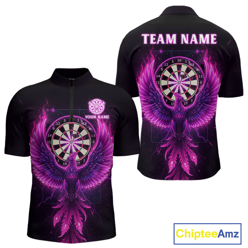 Custom Funny Flame Phoenix Pink Dartboard Dart Men Quarter-Zip Jerseys Outfits Dart Shirts NYN1743