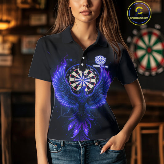 Custom Funny Flame Phoenix Blue Dartboard Dart Women Polo Jerseys Outfits Dart Shirts NYN1745