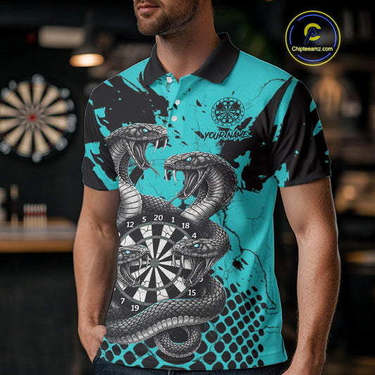 Black And Turquoise Multi Cobra Grunge Dartboard Custom Men Polo Darts Shirt Dart Gifts NYN2017