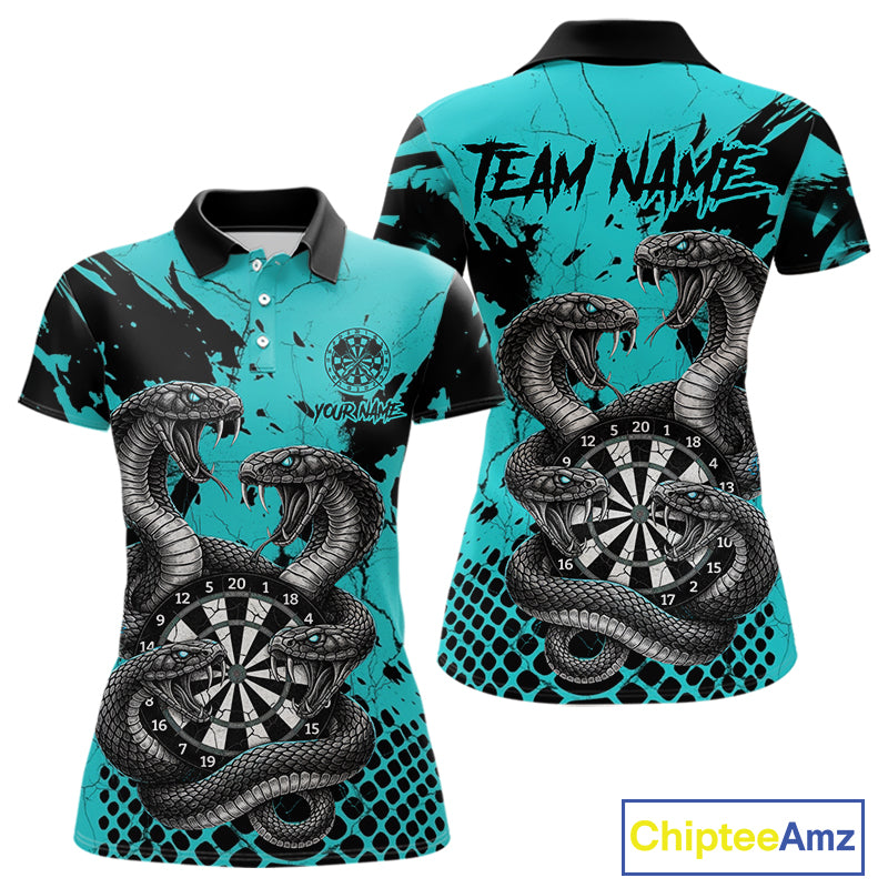 Black And Turquoise Multi Cobra Grunge Dartboard Custom Women Polo Darts Shirt Dart Gifts NYN2017