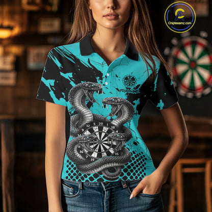 Black And Turquoise Multi Cobra Grunge Dartboard Custom Women Polo Darts Shirt Dart Gifts NYN2017