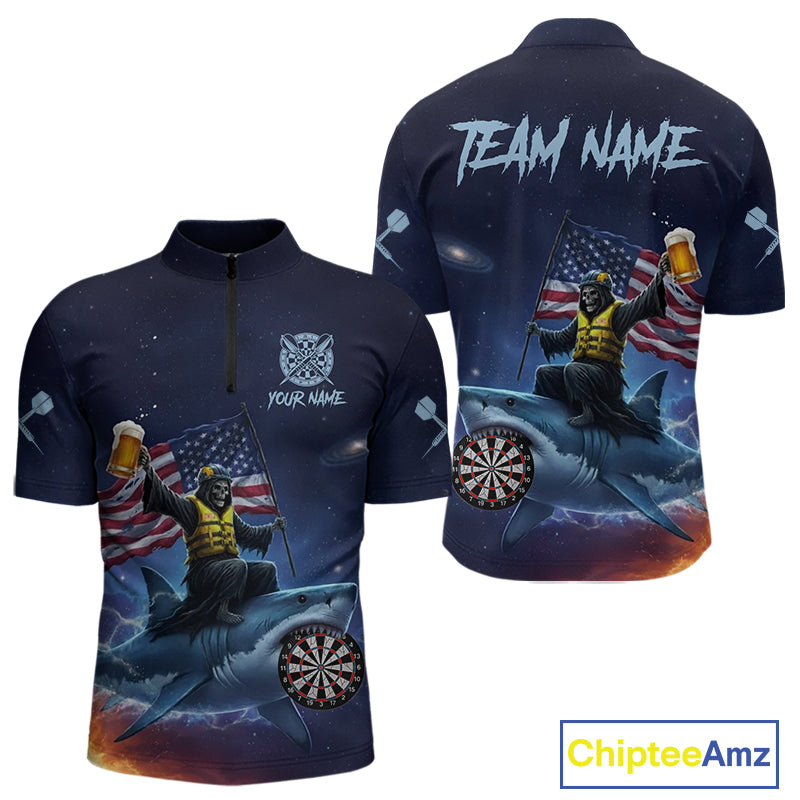 Funny Shark & Skull US Flag Dartboard Custom Men Quarter-Zip Darts Shirt Dart Jersey NYN2020