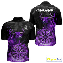 Load image into Gallery viewer, Purple Funny Bull Fire Flame Dartboard Custom Men Darts Quarter-Zip League Shirts Dart Jerseys NYN2243