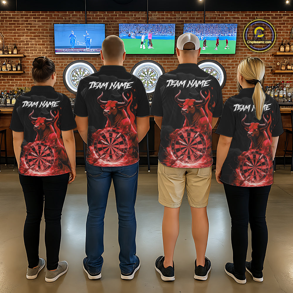 Red Funny Bull Fire Flame Dartboard Custom Men Darts Quarter-Zip League Shirts Dart Jerseys NYN2244