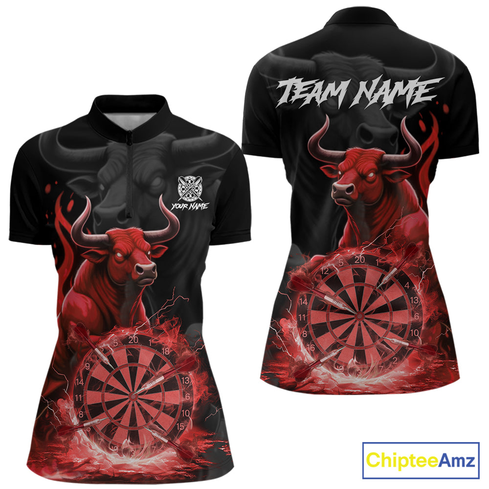 Red Funny Bull Fire Flame Dartboard Custom Women Darts Quarter-Zip League Shirts Dart Jerseys NYN2244