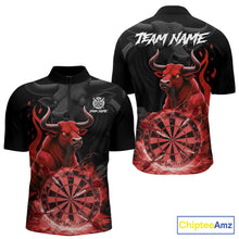 Load image into Gallery viewer, Red Funny Bull Fire Flame Dartboard Custom Men Darts Quarter-Zip League Shirts Dart Jerseys NYN2244