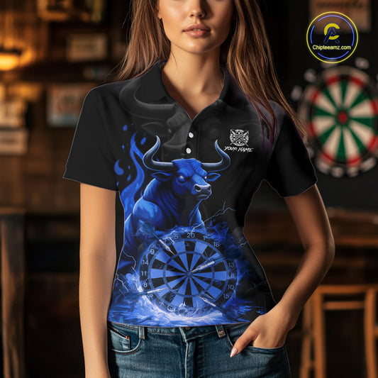 Blue Funny Bull Fire Flame Dartboard Custom Women Darts Polo League Shirts Dart Jerseys NYN2245