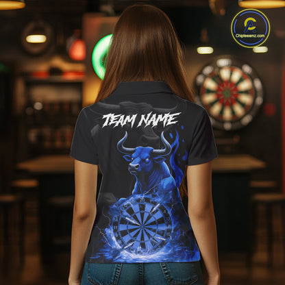 Blue Funny Bull Fire Flame Dartboard Custom Women Darts Polo League Shirts Dart Jerseys NYN2245