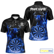 Load image into Gallery viewer, Blue Funny Bull Fire Flame Dartboard Custom Men Darts Polo League Shirts Dart Jerseys NYN2245