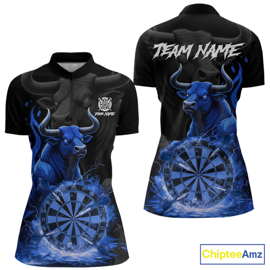 Blue Funny Bull Fire Flame Dartboard Custom Women Darts Quarter-Zip League Shirts Dart Jerseys NYN2245