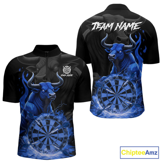 Blue Funny Bull Fire Flame Dartboard Custom Men Darts Quarter-Zip League Shirts Dart Jerseys NYN2245