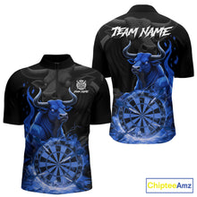 Load image into Gallery viewer, Blue Funny Bull Fire Flame Dartboard Custom Men Darts Quarter-Zip League Shirts Dart Jerseys NYN2245