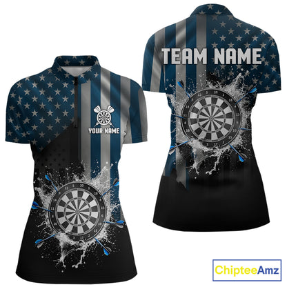 Custom Blue US Flag Water Dartboard Women Darts Quarter-Zip League Shirts Patriotic Dart Jerseys NYN2246