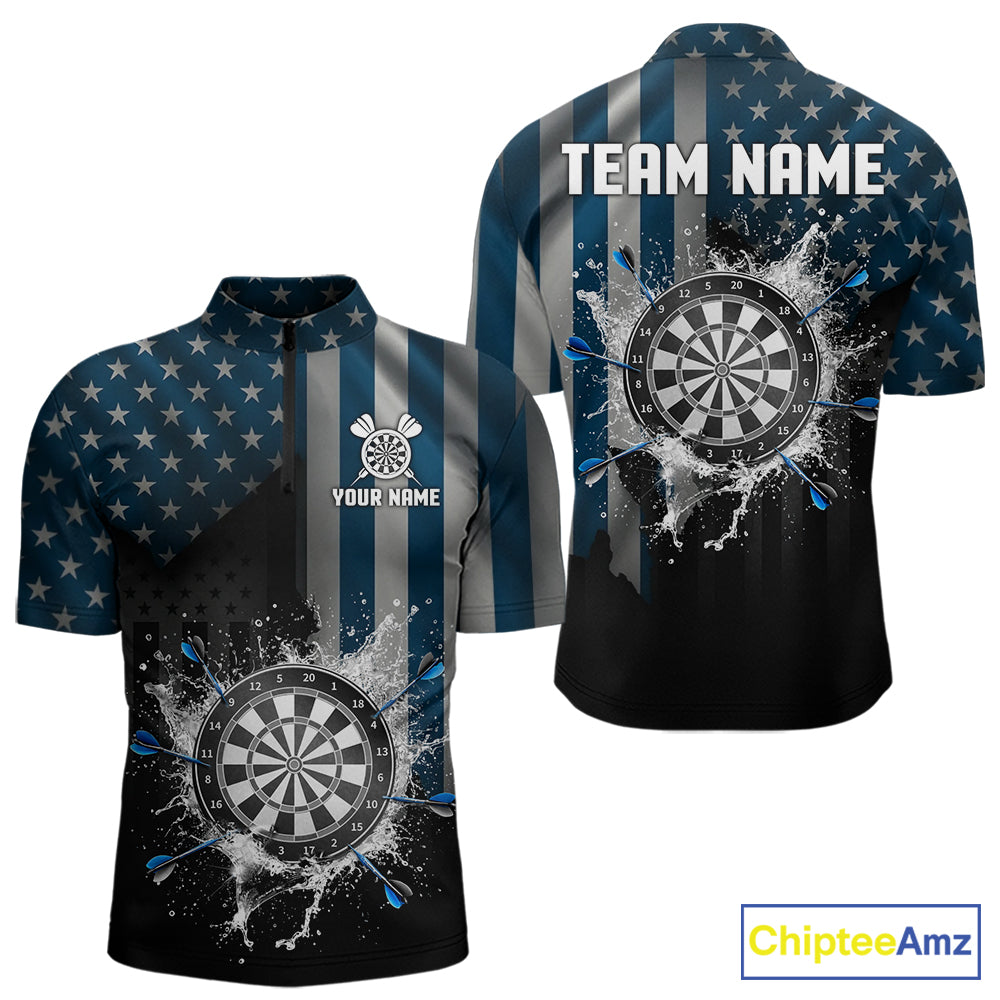Custom Blue US Flag Water Dartboard Men Darts Quarter-Zip League Shirts Patriotic Dart Jerseys NYN2246