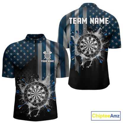 Custom Blue US Flag Water Dartboard Men Darts Quarter-Zip League Shirts Patriotic Dart Jerseys NYN2246