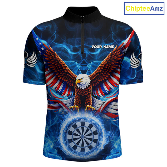 Blue Flames US Flag Eagle Freedom Darts 1/4-Zip Shirt Personalized Patriotic Men Dart Team Jerseys NYN2538