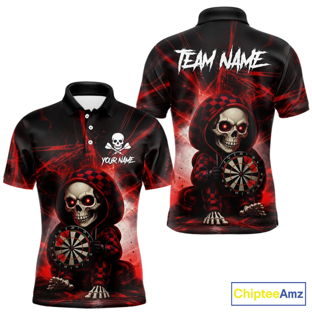 Black & Red Grunge Light Caro Skeleton Men Darts Polo Shirt Custom Funny Dart Team Jerseys NYN2539