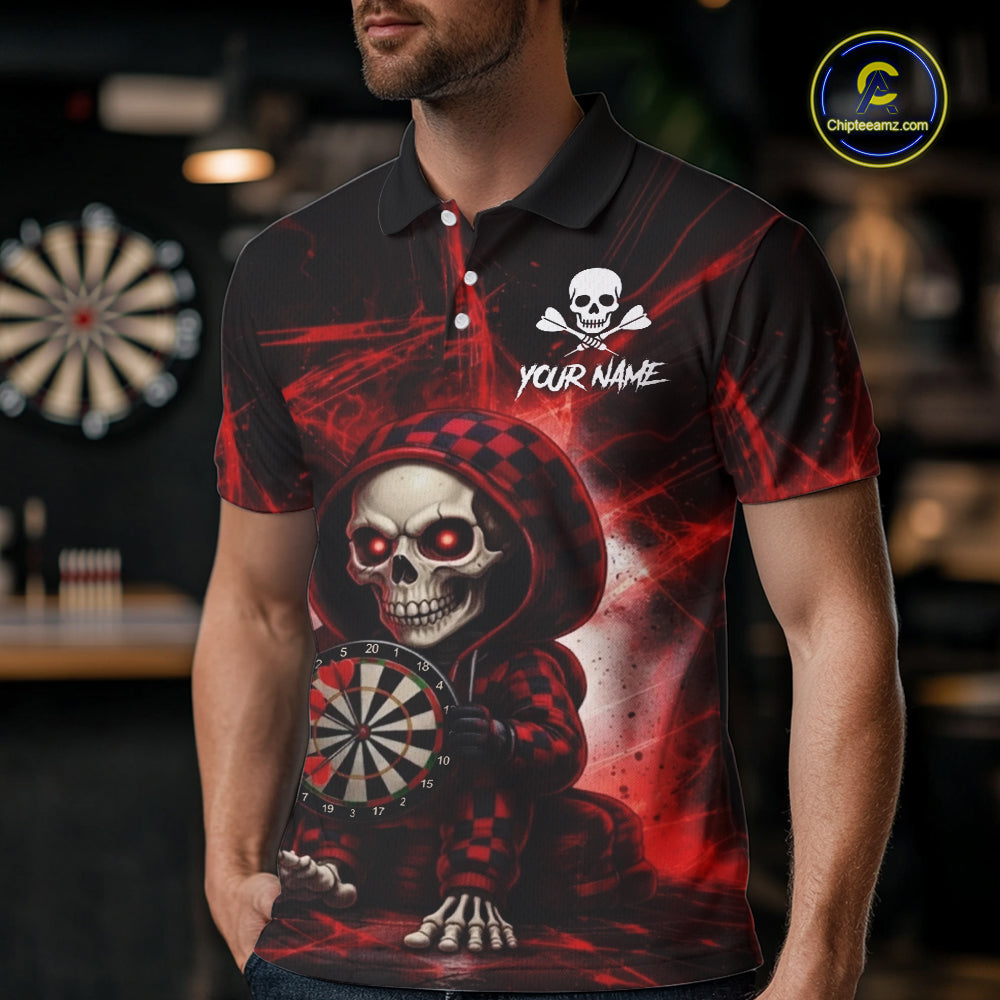 Black & Red Grunge Light Caro Skeleton Men Darts Polo Shirt Custom Funny Dart Team Jerseys NYN2539