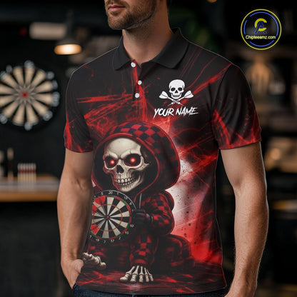Black & Red Grunge Light Caro Skeleton Men Darts Polo Shirt Custom Funny Dart Team Jerseys NYN2539