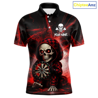 Black & Red Grunge Light Caro Skeleton Men Darts Polo Shirt Custom Funny Dart Team Jerseys NYN2539