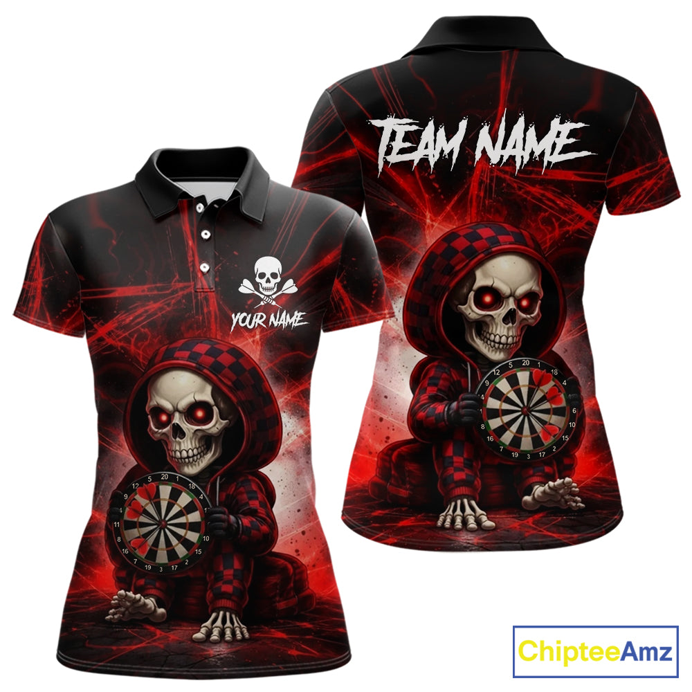 Black & Red Grunge Light Caro Skeleton Women Darts Polo Shirt Custom Funny Dart Team Jerseys NYN2539