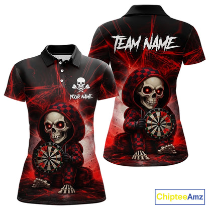 Black & Red Grunge Light Caro Skeleton Women Darts Polo Shirt Custom Funny Dart Team Jerseys NYN2539