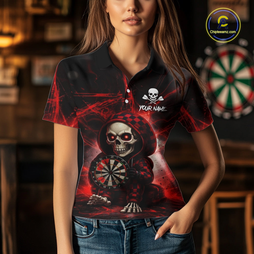 Black & Red Grunge Light Caro Skeleton Women Darts Polo Shirt Custom Funny Dart Team Jerseys NYN2539