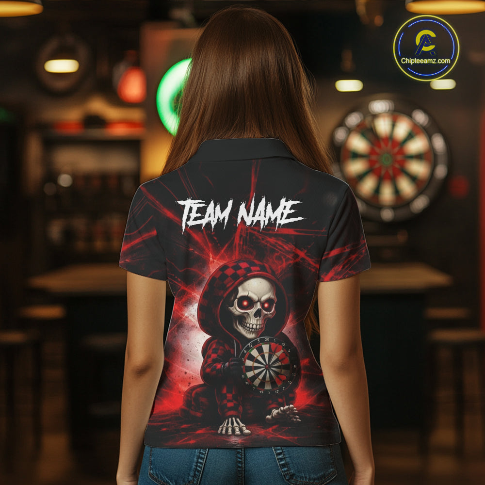Black & Red Grunge Light Caro Skeleton Women Darts Polo Shirt Custom Funny Dart Team Jerseys NYN2539