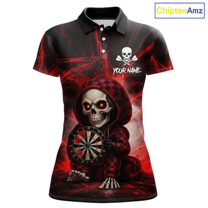 Black & Red Grunge Light Caro Skeleton Women Darts Polo Shirt Custom Funny Dart Team Jerseys NYN2539