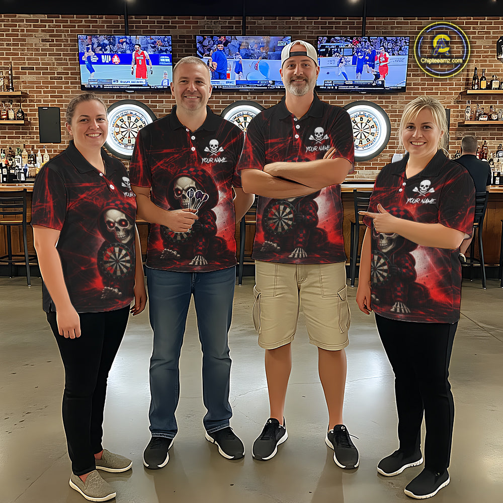 Black & Red Grunge Light Caro Skeleton Men Darts 1/4-Zip Shirt Custom Funny Dart Team Jerseys NYN2539