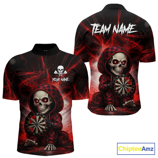 Black & Red Grunge Light Caro Skeleton Men Darts 1/4-Zip Shirt Custom Funny Dart Team Jerseys NYN2539