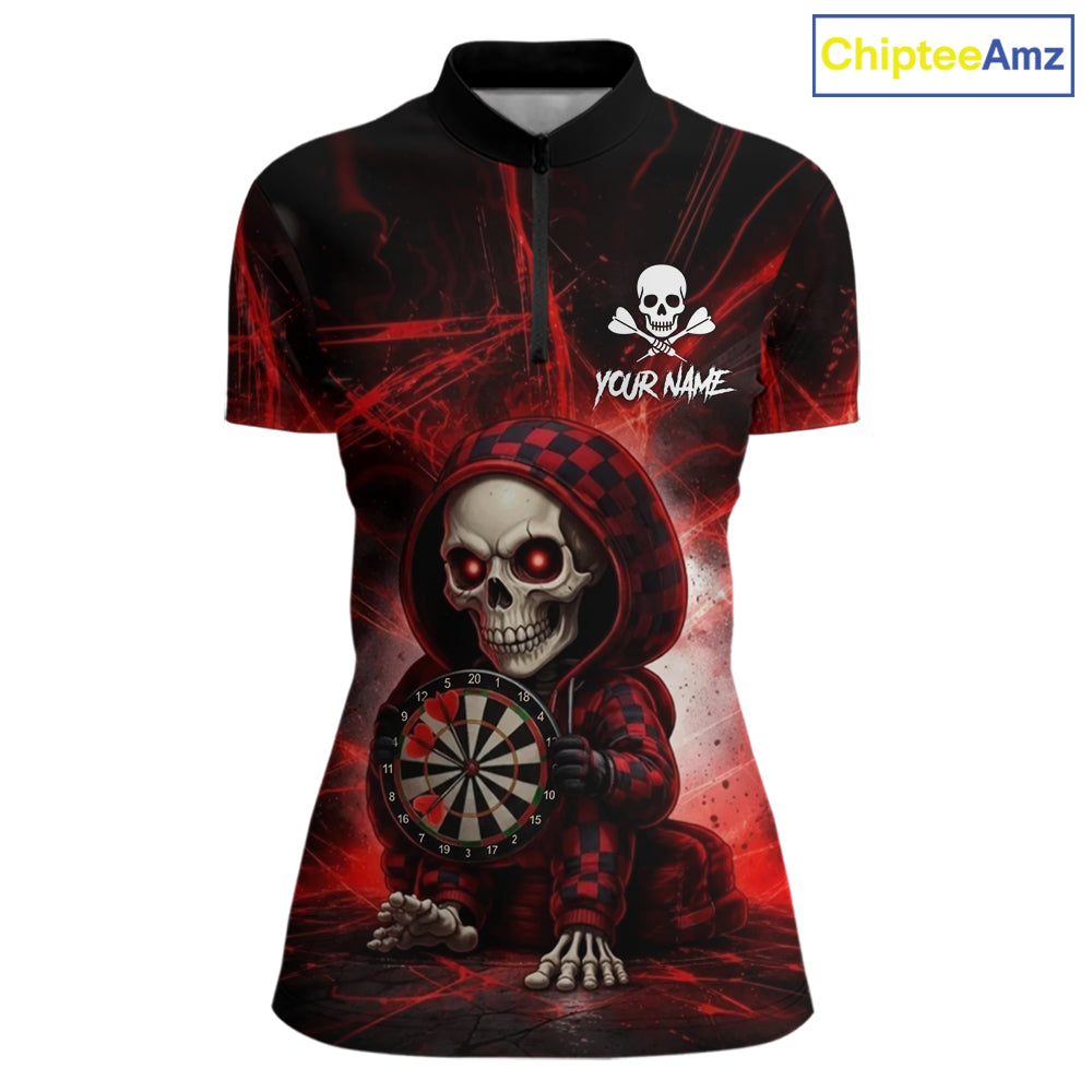 Black & Red Grunge Light Caro Skeleton Women Darts 1/4-Zip Shirt Custom Funny Dart Team Jerseys NYN2539