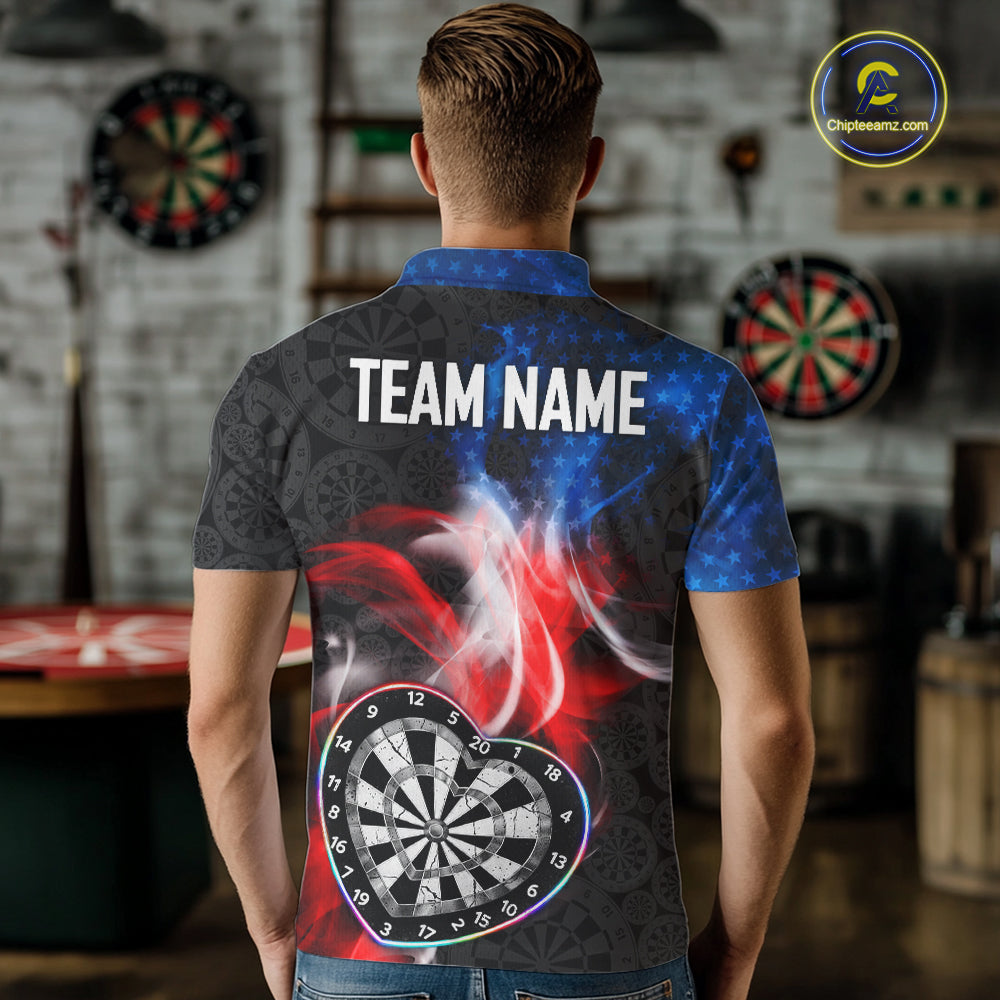 Smoke US Flag Colorful Heart Dartboard Men Darts Valentine Shirt Custom Dart Polo Couple Gifts NYN2544