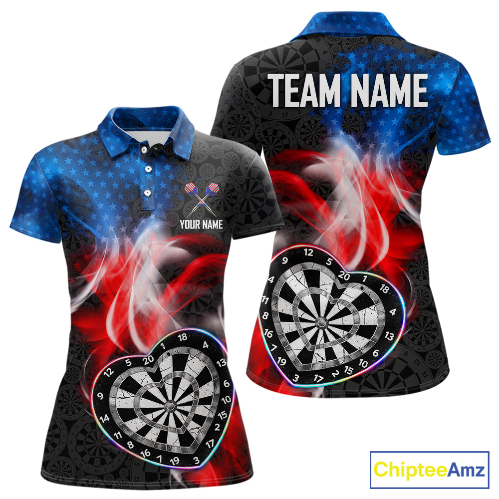 Smoke US Flag Colorful Heart Dartboard Women Darts Valentine Shirt Custom Dart Polo Couple Gifts NYN2544