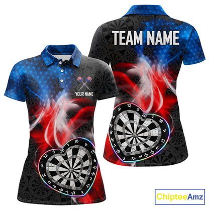 Smoke US Flag Colorful Heart Dartboard Women Darts Valentine Shirt Custom Dart Polo Couple Gifts NYN2544