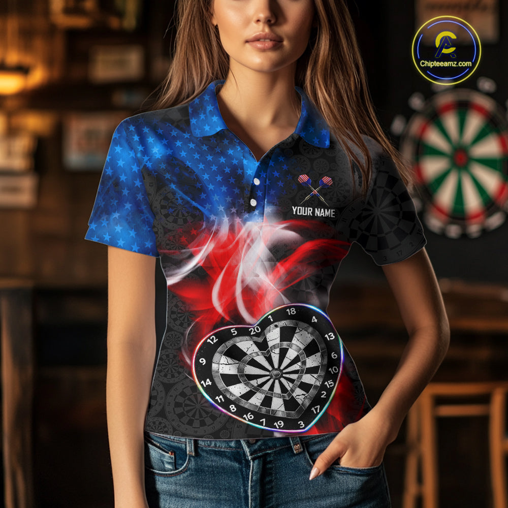 Smoke US Flag Colorful Heart Dartboard Women Darts Valentine Shirt Custom Dart Polo Couple Gifts NYN2544