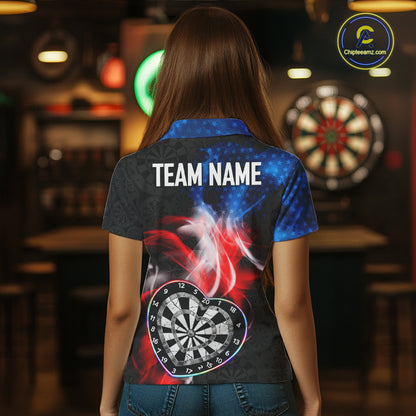 Smoke US Flag Colorful Heart Dartboard Women Darts Valentine Shirt Custom Dart Polo Couple Gifts NYN2544