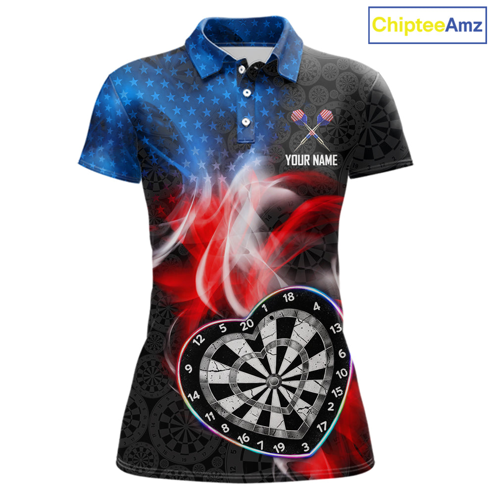 Smoke US Flag Colorful Heart Dartboard Women Darts Valentine Shirt Custom Dart Polo Couple Gifts NYN2544