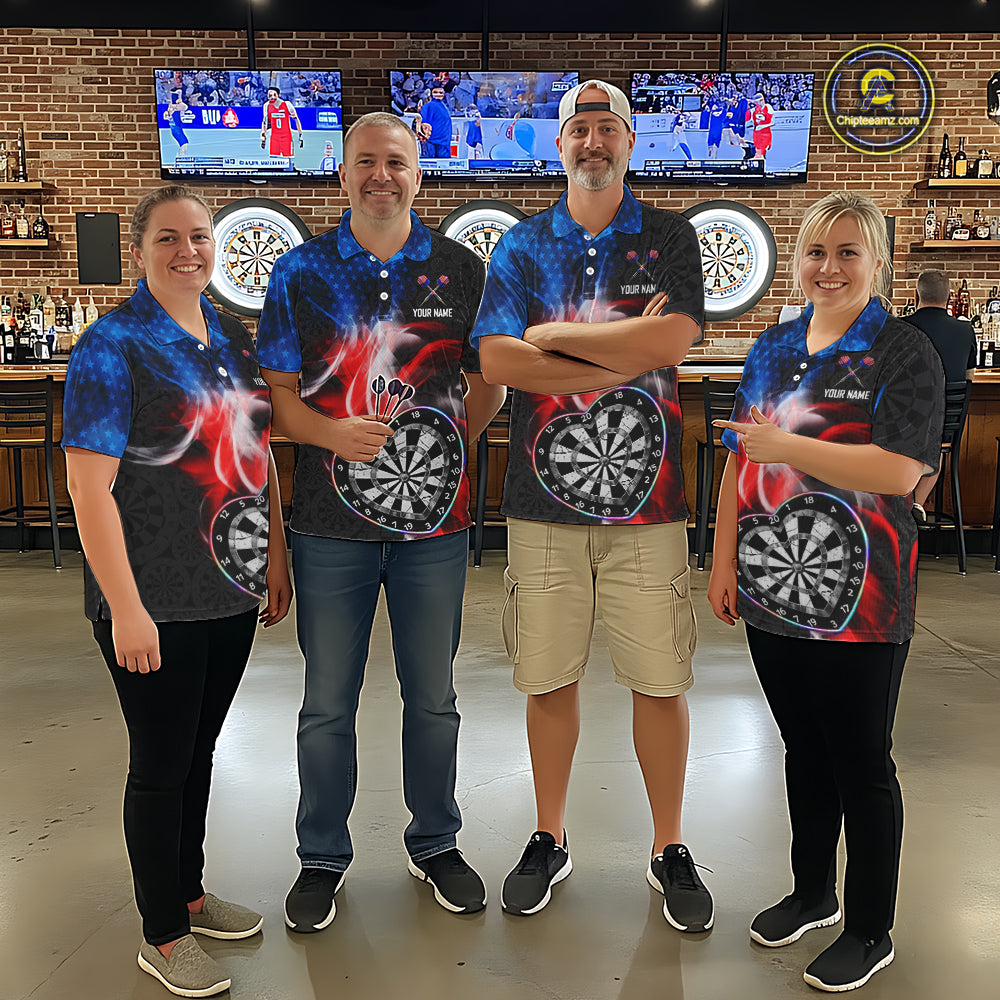 Smoke US Flag Colorful Heart Dartboard Men Darts Valentine Shirt Custom Dart 1/4-Zip Couple Gifts NYN2544