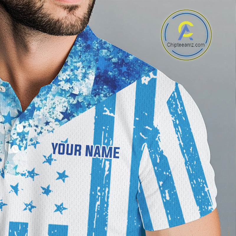 White And Blue American Flag Golf Polos Shirts For Men Custom Patriotic Mens Golf Attire NYN2913