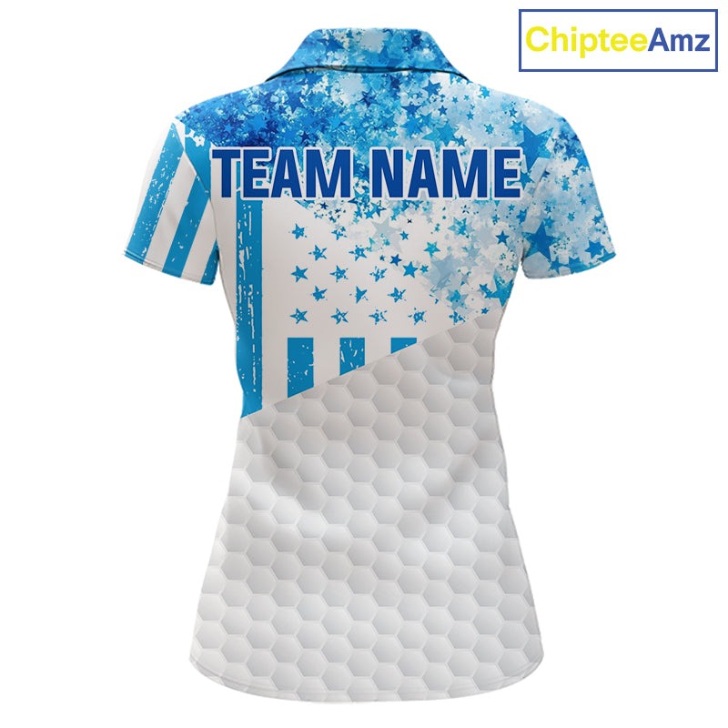 White And Blue American Flag Golf Polos Shirts For Women Custom Patriotic Womens Golf Attire NYN2913