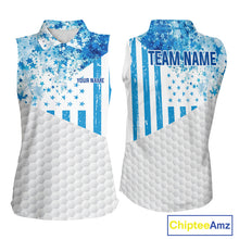 Load image into Gallery viewer, White And Blue American Flag Sleeveless Golf Polos Shirts For Women Custom Patriotic Golf Attire NYN2913