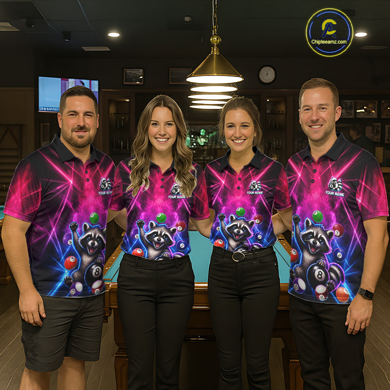 Funny Raccoon 8 Ball Pool Pink & Blue Smokes Women Polo Shirts Custom Billiard Apparel, Billiard Gifts NYN3295