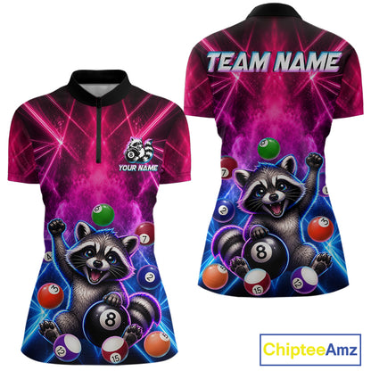 Funny raccoon 8 ball billiard 1/4-zip shirt with pink and blue smoke design