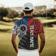 Load image into Gallery viewer, Male golfer wearing American flag tribal golf polo shirt, patriotic golf apparel, men's golf tournament outfit